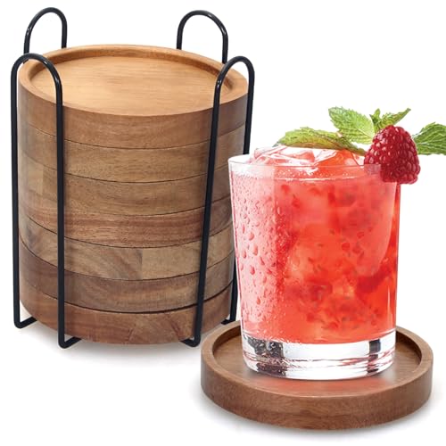 Rustic Wooden Coasters Set of 8 Farmhouse Coasters Acacia Wood Drink Coaster with Holder Cool Cup Coaster Modern Outdoor Bar Coasters Decorative Beverage Home Dining Coffee Table Decor Coasters Gift