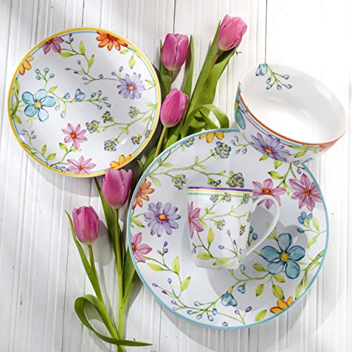 Euro Ceramica Charlotte Collection Stoneware, 16 Piece Dinnerware Set, Service for 4, Watercolor Floral Design, Multicolor Pink