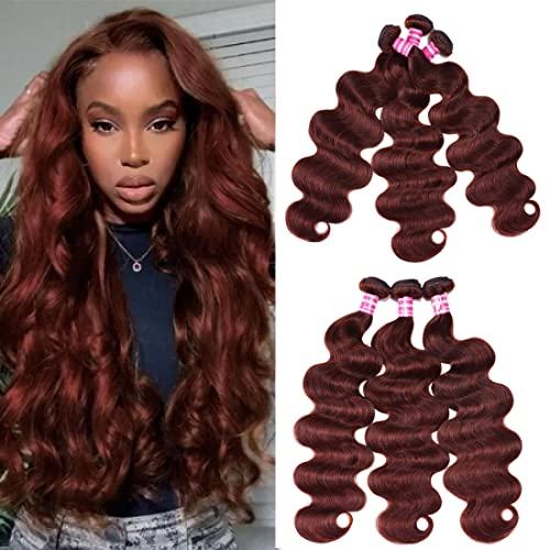 UNICE Reddish Brown Body Wave Human Hair Weave 3 Bundles 16 18 20 inch, Brazilian Remy Hair Auburn Brown Copper Red Human Hair Wavy Weaves for Sew in Extensions 33B Color