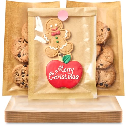 ​​​Ocmoiy 100 Pcs Clear Front Paper Cookie Bags with Seal Heat-Sealable & Grease-Resistant, 5.1x7.5 Inches Brown Bakery Bags with Window, Small Treat Bags Cookies Packaging Favor Bags (100)