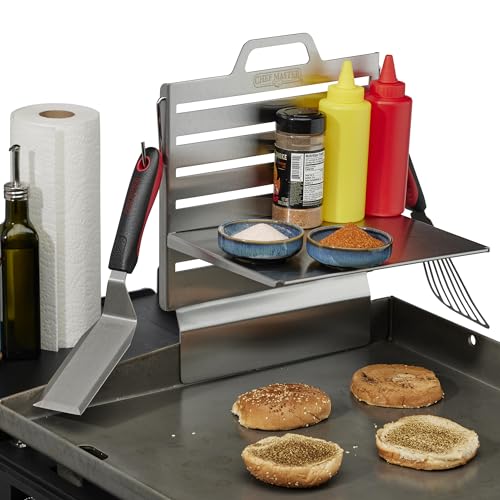 Chef Master Adjustable Griddle Shelf Flattop Side Shelf Griddle Tool & Utensil Storage, BBQ Tool Grilling Accessories Organizer, Condiment Holder for Outdoor BBQ Grilling, 16.5x11.5x1.5", 90260