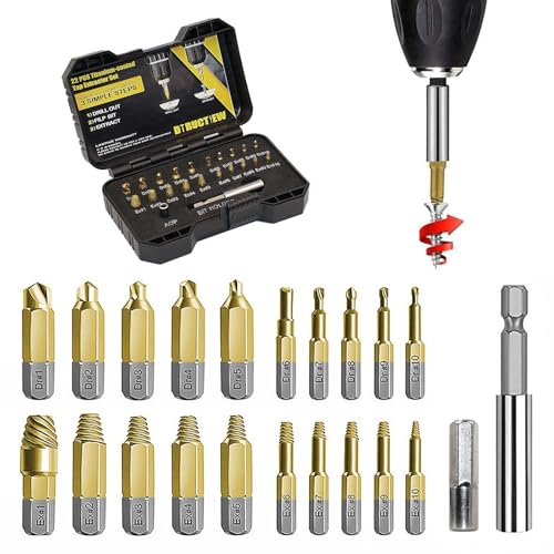 DTRUCTIEW 22PCS Titanium Damaged Screw Extractor Set, HSS 4341 Stripped Screw Extractor Kit, Easy Out Stripped Screw Extractor of Rusty & Broken with Magnetic Extension Bit Holder & Socket Adapter