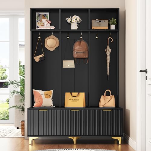 YOPTO 49.6" Modern Hall Tree with Bench and Shoe Storage,Entryway Cabinet with High Gloss Fluted Doors and Open Shelves,Coat Rack with 6 Gold Hooks and Legs for Hallway,Living Room, Black