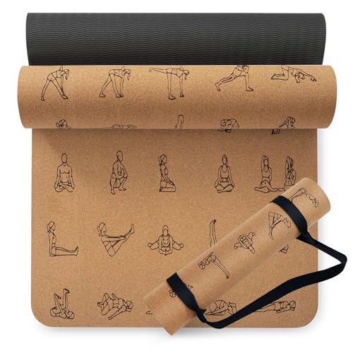 Extra Thick Cork Yoga Mat 10mm (2/5 inch) Thick 72 x 26 in, Thick Cork and TPE Non Slip Yoga Mats for Women Men, Sweat proof Eco-friendly, Great for Hot Yoga & Workouts