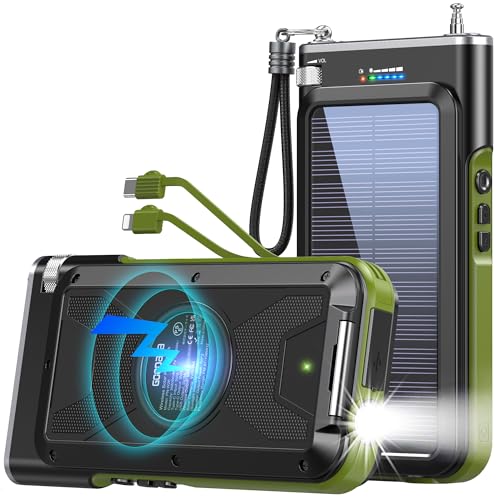 GOODaaa Solar Power Bank, 45800mAh Wireless Portable Charger Built-in Cables,15W Fast Charging Solar Charger, USB C in&Out and USB A Battery Pack for Outdoor with Emergency Radio,Flashlight