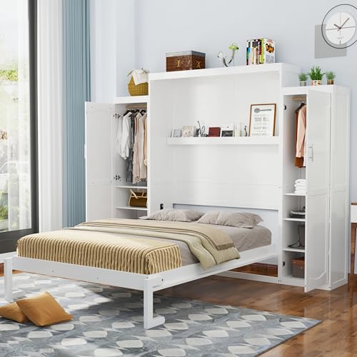 Bekeknlny Modern Queen Murphy Bed with Two Wardrobe and Storage Shelf, Wood Foldable Platform Bedframe for Guest-Room, Bedroom Home Office (B-White, Queen)
