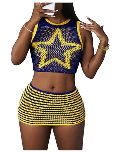 GORGLITTER Women's Crochet Skirts Set 2 Piece Outfits Summer Star Print Crop Tank Tops and Bodycon Short Skirts Blue and Yellow Small