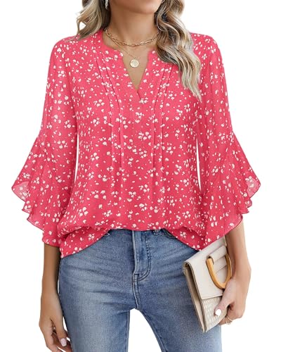Timeson Spring Tops For Women: 3/4 Sleeve Business Casual - Lightweight Tops & Blouses - Women's Clothing Chiffon Office Work Wear Flowy Sheer Cute Summer Outfits 2025 Ladies Dressy Shirts Raspberry S