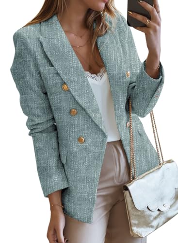Happy Sailed Tweed Blazer Jackets for Women 2025 Spring Fashion Long Sleeve Lapel Collar Double Breasted Blazers Professional Office Business Casual Work Suits with Pockets Blue Medium