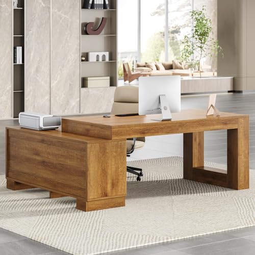 LITTLE TREE 63" L Shaped Executive Desk with Storage, Farmhouse Home Office Desk with 2-Tier Cabinets and Shelves, Large Wooden Computer Table Business Furniture Workstation Set, Brown