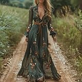 Womens Fall Cotton Long Sleeve V Neck Floral Print Casual Bohemian Midi Dresses Aline Vacation Dress Wedding Guest Dress