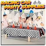 Racing Cars Birthday Decorations - Racecar Centerpiece Decoration Kit for Kids - (12) Orange Traffic Cones, (24) Checkered Flags, Plastic Tablecloth (54"x108") Birthday Banner Race Car Theme (38pcs)