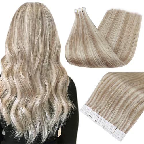 Full Shine Tape in Hair Extensions Human Hair 18 Inch Remy Human Hair Tape in Extensions Color 18/613 Ash Blonde Highlight with Platinum Blonde Invisible Hair Extensions Tape Ins 20Pcs 50Grams