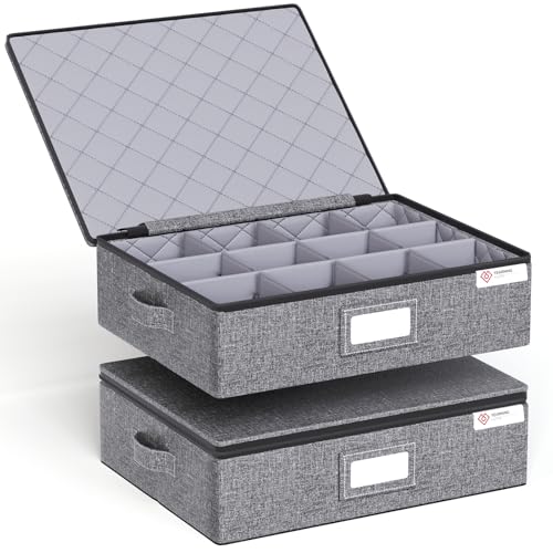 Cup and Mug Storage Box with Hard Shell and Dividers for Coffee Mugs,Tea Cups and Glasses,Stackable Storage Organizers with Lid,Handles,Zips and Lable Window for Moving,Holds 12,2 Pack, Grey