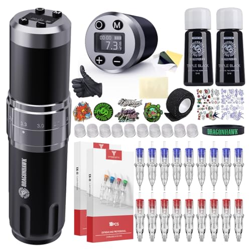 Dragonhawk Wireless Tattoo Gun Kit, Rotary Tattoo Machine Pen with 2 Batteries Power Supply, 20 Count Extra Smooth Needles Cartridges, Adjustable 7 Strokes Length for Beginners