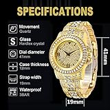 Apzzic Hip Hop Unisex Watch Crystal Diamond Watch Iced Out CZ Bling Quartz Watch Stainless Steel Wrist Watch for Men Women Gold