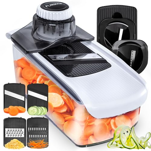 Fullstar Mandoline Slicer for Kitchen, Fruit Cutter, Cheese Grater, Cucumber Slicer, Veggie Spiralizer, Food Cutter & Kitchen Gadgets with Safety Glove (6 in 1, White)