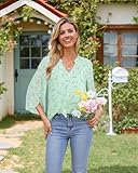 Bebonnie Womens Tops Dressy Casual Ruffle 3/4 Sleeve V Neck Double Layers Chiffon Blouses Tops Multi Green M