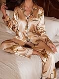 SOLY HUX Women's Leopard Print Silk Satin Pajama Set Long Sleeve Button Down Shirt Pj Set 2 Piece Sleepwear Champagne Leopard Medium