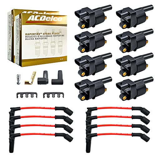 MAS Set of 8 Ignition Coils Pack & Platinum Spark Plugs & Wires Set Compatible with Chevrolet Cadillac GMC Suburban Express Silverado CTS Sierra Savana Camaro Avalanche Colorado Replacement for UF414