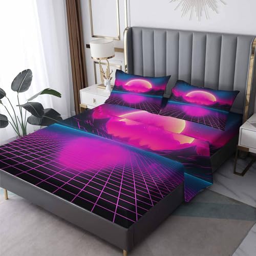 zcsm Full Size Sheet Sets - Vaporwave Bed Sheets, Neon Bedding Sheets & Pillowcases, Soft Microfiber & Deep Pocket & Wrinkle Free Patterned Sheet Set, 1 Fitted Sheet, 1 Flat Sheet, 2 Pillow Cases