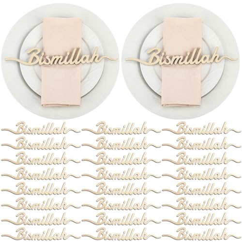 Yousoontic 24 Pcs Bismillah Eid Wood Sign Ramadan Mubarak Table Decor Gifts Plate Setting Plate Sign Kareem Wooden Ornament for Eid Al Adha Ramadan Islamic Muslim Home Party Decor