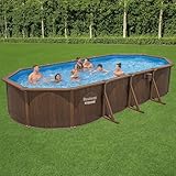 Bestway Hydrium 24' x 12' x 52" Oval Above Ground Swimming Pool Set Outdooor Steel Wall Family Pool with Sand Filter, Ladder, & Cover, Brown Woodgrain