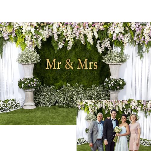 YongFoto Mr and Mrs Wedding Party Backdrop 12x10ft Floral Grass Wall White Sheer Curtain Flower Arch Photography Background Lover Marriage Proposal Bridal Shower Reception Photo Booth Props Banner