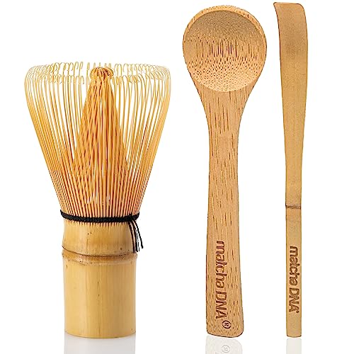 MATCHA DNA Bamboo Matcha Whisk with Bamboo Spoon and Hooked Bamboo Scoop (Chashaku) Set - Traditional Matcha Whisk Made from Durable and Sustainable Golden Bamboo for Matcha Tea Preparation