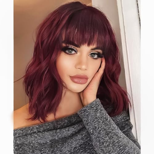 AISI HAIR Curly Bob Wig with Bangs Short Wavy Wine Red Color Wigs for Women Bob Style Synthetic Heat Resistant Bob Wigs