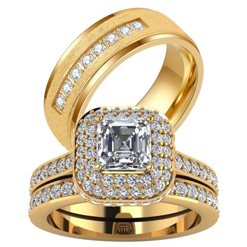 ringheart Couple Rings Matching Rings Yellow Gold Plated 1.5CT AAA CZ 21pcs Women Wedding Ring Sets for Him and Her Rings Men Band