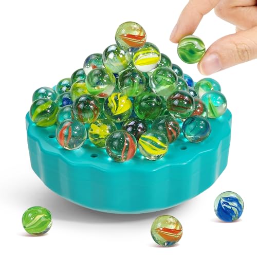 Wobble Marble Game - Balance Stacking Game for Kids 6-12 & Families - Fun Birthday Party Games with 60 Glass Marbles, Dice & Challenge Cards - Indoor Tabletop Toy for 1-4 Players (Green)