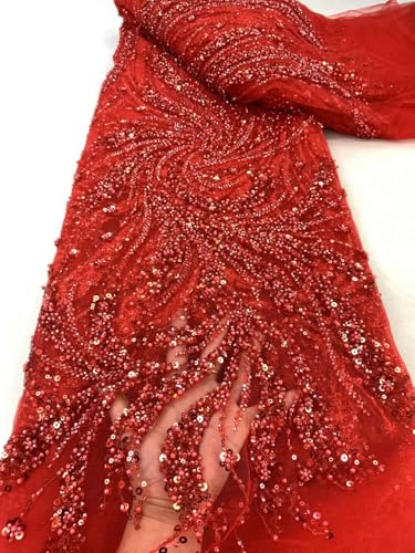 French Lace Fabric Elegant African Embroidery Sequins Beaded Tulle Lace for Evening Dresses (5 Yards,Red)