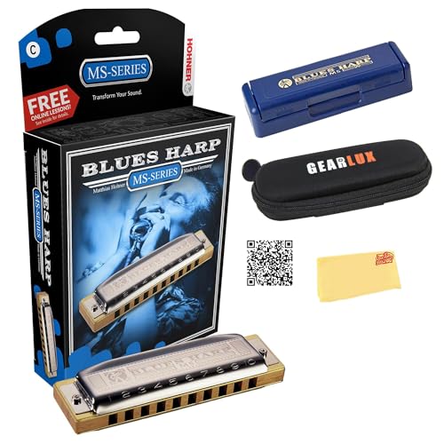 Hohner Harmonica 532 Blues Harp MS - Key of A Bundle with Case, Pouch, Harmonica Beginner Online Manual, and Austin Bazaar Polishing Cloth