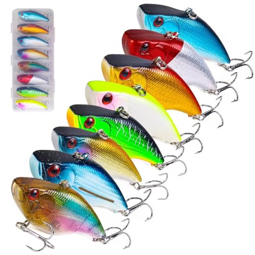 8-Piece Lipless Crankbait Vib Fishing Lure Set with Tackle Box – Rattle Bait VIB Lures for Freshwater and Saltwater Bass Fishing – Vibrating Hard Baits with Treble Hooks