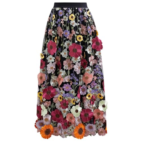 CHICWISH Women 3D Floral Applique Embroidery Maxi Skirt Elastic High Waist A-Line Garden Party Mesh Tulle Skirt Black