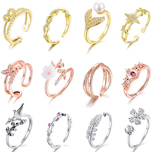 12 Pcs Rose Gold Rings for Women Knuckle Rings Set - Engagement Rings for Women - Cubic Zirconia Rings for Teen Girls - Stackable Rings for Women Finger Rings- Pack of Silver Rings for Teens