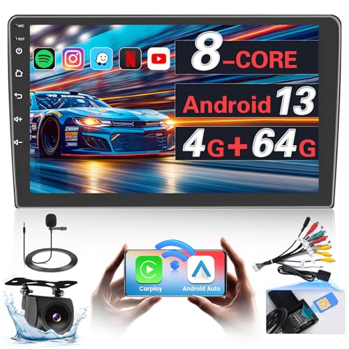 8 Core 4+64GB【Support SIM Card】 Android 13 Car Stereo Double Din Radio with Wireless Carplay Android Auto, 9 Inch Android Radio WiFi, GPS Bluetooth 5.0 AM/FM/RDS Mic Backup Camera EQ DSP