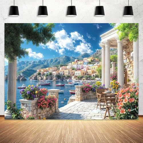 20x10ft Italian Photography Backdrop Italy Party Decoration Garden Terrace View of Mediterranean Bay Costal City Scenery Flowers Roman Columns Italian Background Adults Italy Photo Props