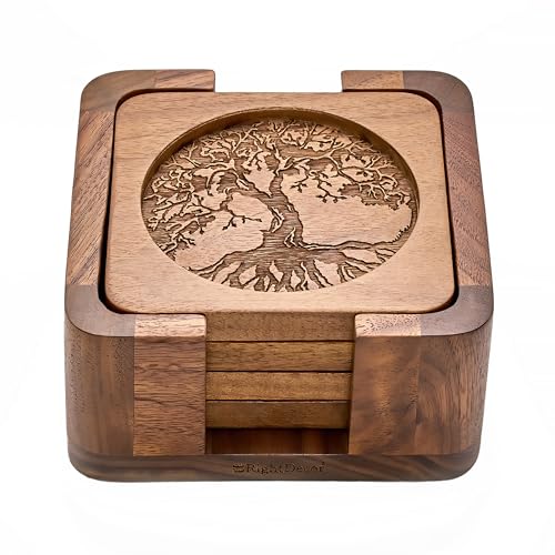 RightDecor Walnut Wood Square Coasters Set of 4 with Holder - Brown