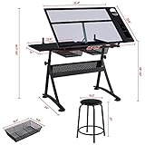 Yaheetech Drafting Table w/Stool Height Adjustable Multifunctional Art Craft Artists Desk Tilting Glass Tabletop Diamond Paintings Work Station w/2 Storage Drawers for Home Office