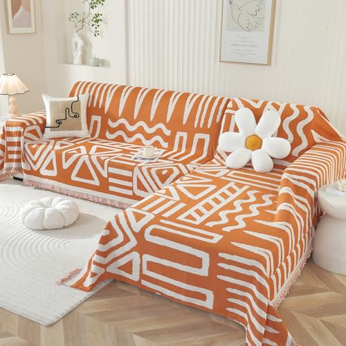 OstepDecor Boho Sectional Couch Covers 2 Pieces, L Shaped Sofa Cover, Chenille Couch Cover for Dogs Washable, Couch Cover Blanket, Sofa Slipcover for 2-3 Cushion Couch (71"x118"+91"x134", Orange)