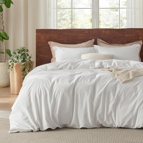 Bedsure 100% Washed Cotton Duvet Cover Queen Size - Natural White Minimalist Duvet Cover for All Seasons - GentleSoft™ Plain Simple Cotton Bedding Set with 2 Pillow Shams (White, Queen, 90"x90")