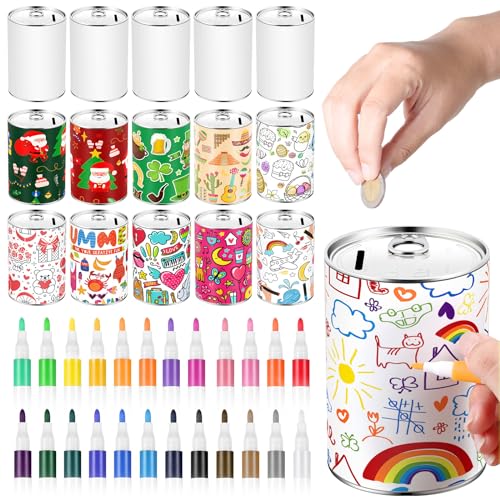 Tandefio 16 Pcs DIY Coin Piggy Bank Metal Money Piggy Bank Saving Box with 24 Acrylic Paint Markers Craft for Creative Gift Boys Girls Birthday Party Supplies (White)