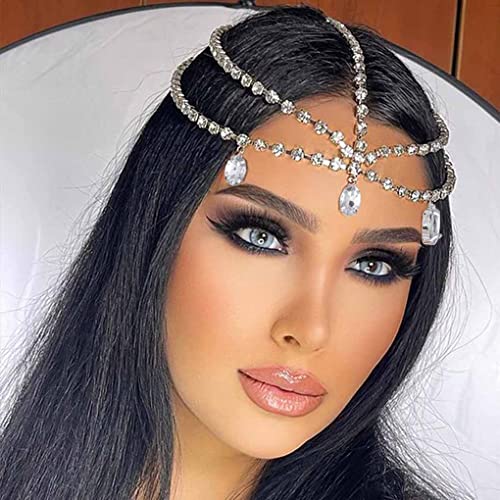 Yalice Layered Head Chain Rhinestone Head Jewelry Sparkly Bridal Headpieces Sparkle Crystal Headbands Wedding Prom Hair Jewelry for Women and Girls (Silver, One Size)