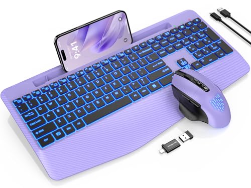Wireless Keyboard and Mouse Backlits, Wrist Rest, LED Mouse, Rechargeable Ergonomic Keyboard with Phone Holder, Silent Light Up Combo for Computer, Mac, PC, Laptop, Chromebook (Purple)