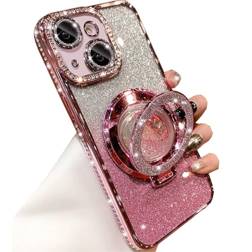 Changjia Glitter Kickstand Case for iPhone 15, Luxury Bling Sparkly Diamond Rhinestone with Camera Lens Protector Liquid Flowing Ring Stand TPU Bumper Slim Women Girls Case for iPhone 15 6.1" (Pink)