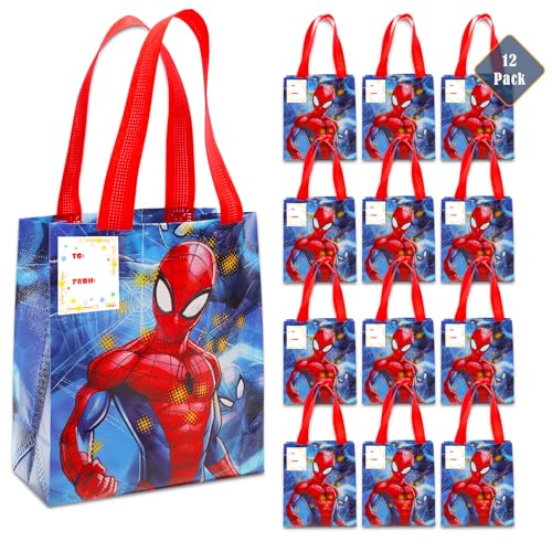 Spiderman Party Favor Bags Set – 12 Pack 8" Marvel Party Goodie Bags for Kids Bulk Reusable Mini Totes | Spiderman Birthday Party Supplies