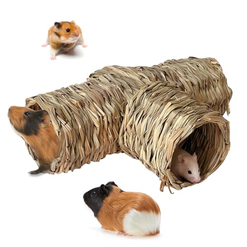 Hamiledyi Hamster Grass Tunnel Toy Nature's Hideaway Straw House with Open Entrance Guinea Pig Tunnel and Tube Home for Hamsters Rats Ferrets Guinea Pigs Chinchillas Hedgehogs and Birds