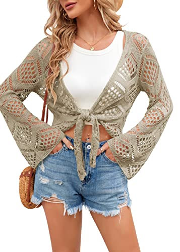 SUNMMWERY Womens Summer Boho Tops Sheer Crochet Coverup Beach Bathing Swimsuit Cover Ups Shrugs Crop Swimwear Outfits Khaki